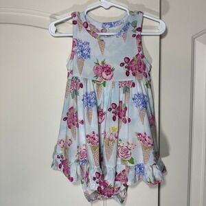 Posh Peanut Romper Dress Toddler Girl 2T Blue Floral Ice Cream Isolde Bamboo